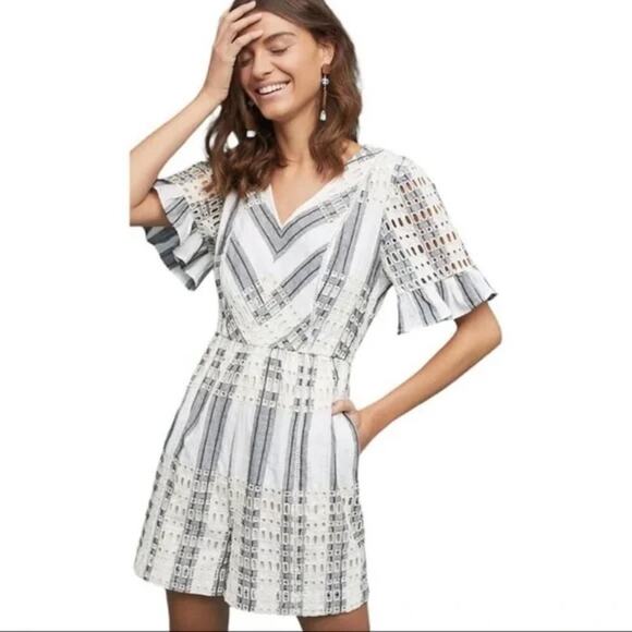 Anthropologie Ett:twa Striped Eyelet Romper Short Sleeve White Gray Blue 10 - Picture 1 of 16